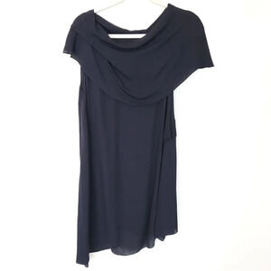 Morgane Le Fay Rodin Silk Mini Dress Womens Large Navy Blue Cowl Neckline Draped